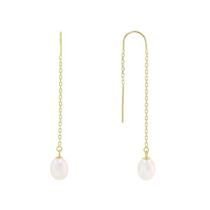 Freshwater Pearl Threader Earrings In 14K Gold Over Sterling Silver