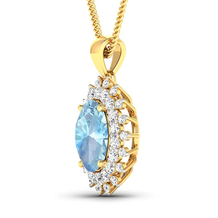 Oval Blue Aquamarine and White Diamond 14K Yellow Gold Halo Pendant with
Cable Chain 2.70ctw