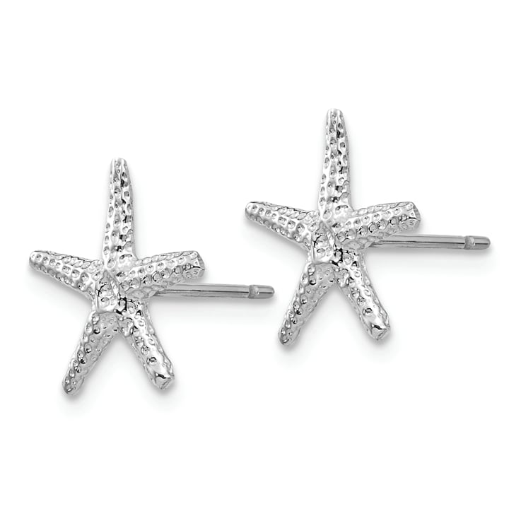 Rhodium Over 14K White Gold Textured 11mm Starfish Stud Earrings