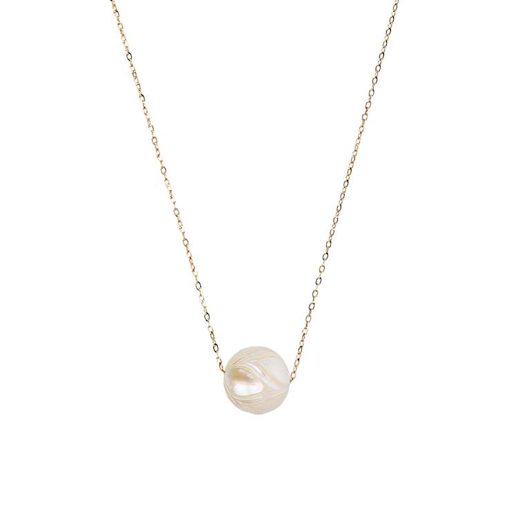 White Carved Freshwater Pearl Necklace In 14K Rose Gold