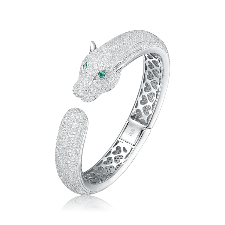 Emerald Color CZ Panther Hinged Cuff Bracelet In Sterling Silver
