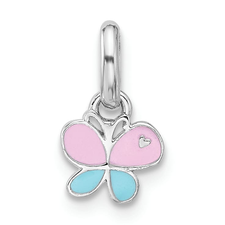 Rhodium Over Sterling Silver Children's Small Enamel Butterfly Pendant