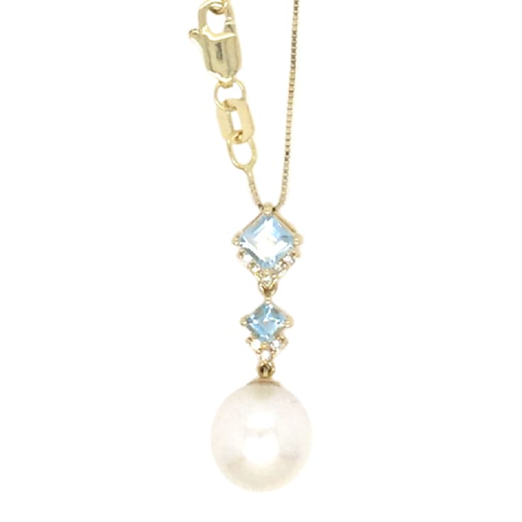 White Freshwater Pearl, Aquamarine and Diamond Accent 14K Yellow Gold
Drop Pendant with Chain