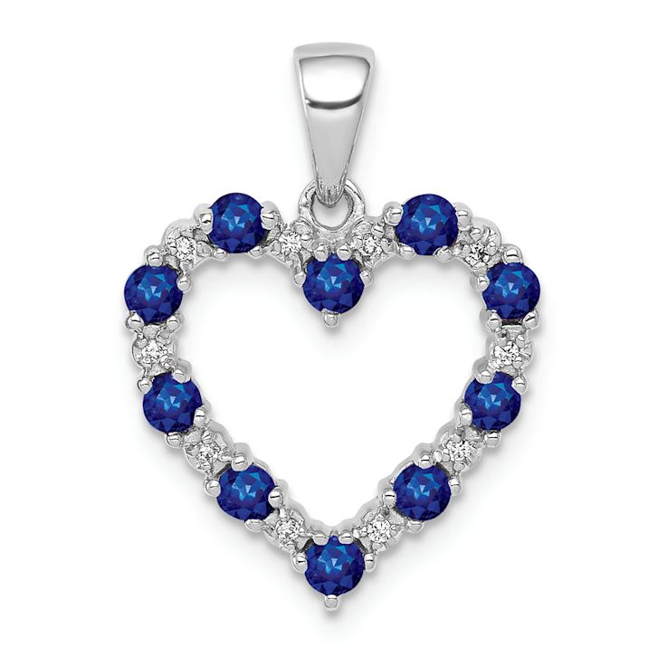 Rhodium Over 14k White Gold Diamond and Sapphire Heart Pendant