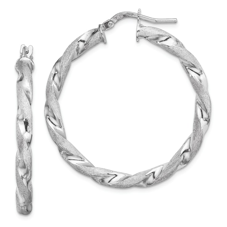 Rhodium Over Sterling Silver Satin Polished Twisted 3x35mm Hoop Earrings