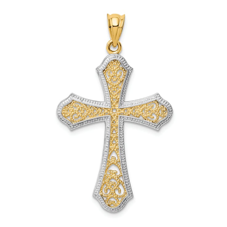 14k Two-tone Gold Polished Filigree Cross Pendant