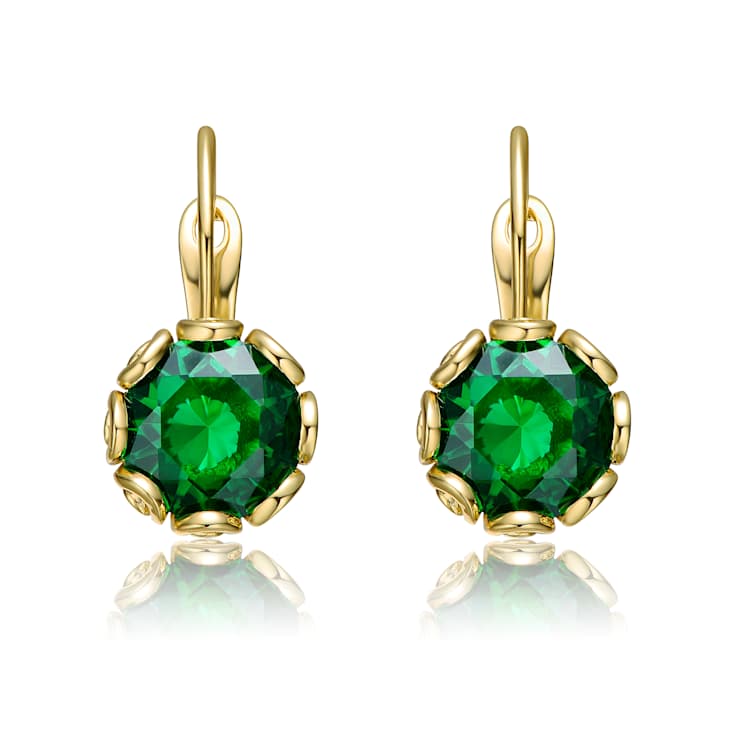 Emerald Color CZ Solitaire Drop Earrings In 14K Gold Over Brass