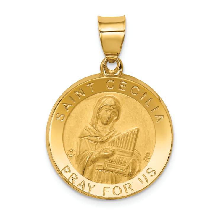 14K Yellow Gold Polished/Satin St. Cecilia Hollow Medal Pendant