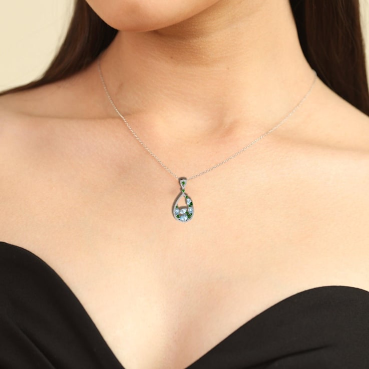 Teardrop Multi Color Gemstone Fashion Pendant Necklace,  Rhodium Over
Sterling Silver