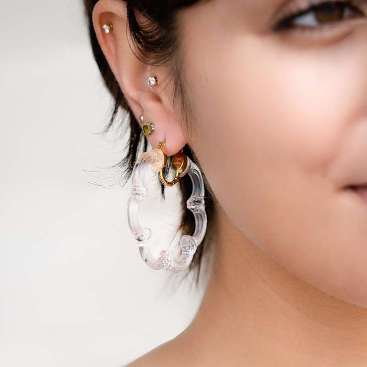 14K Yellow Gold Over Sterling Silver Flower Bamboo Acrylic Hoop Earrings