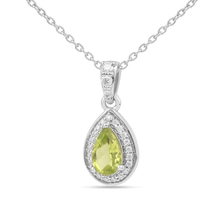 Pear Shape Peridot with Moissanite Accents Rhodium Over Sterling Silver
Pendant with Chain