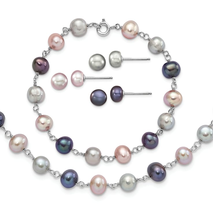 Rhodium Over Sterling Silver Multi-color Freshwater Pearl
Necklace/Bracelet/Earring Set