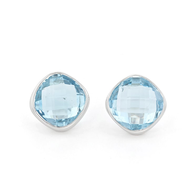 Large Blue Topaz Square Cushion Stud Earrings In Sterling Silver