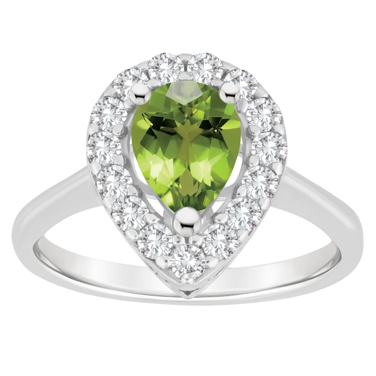 8x5mm Pear Shape Peridot And White Topaz Accents Rhodium Over Sterling
Silver Halo Ring