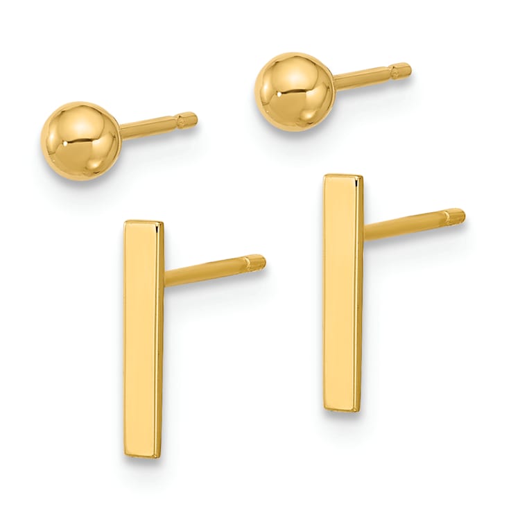 14K Yellow Gold Polished 3mm Ball and Bar Stud Earring Set