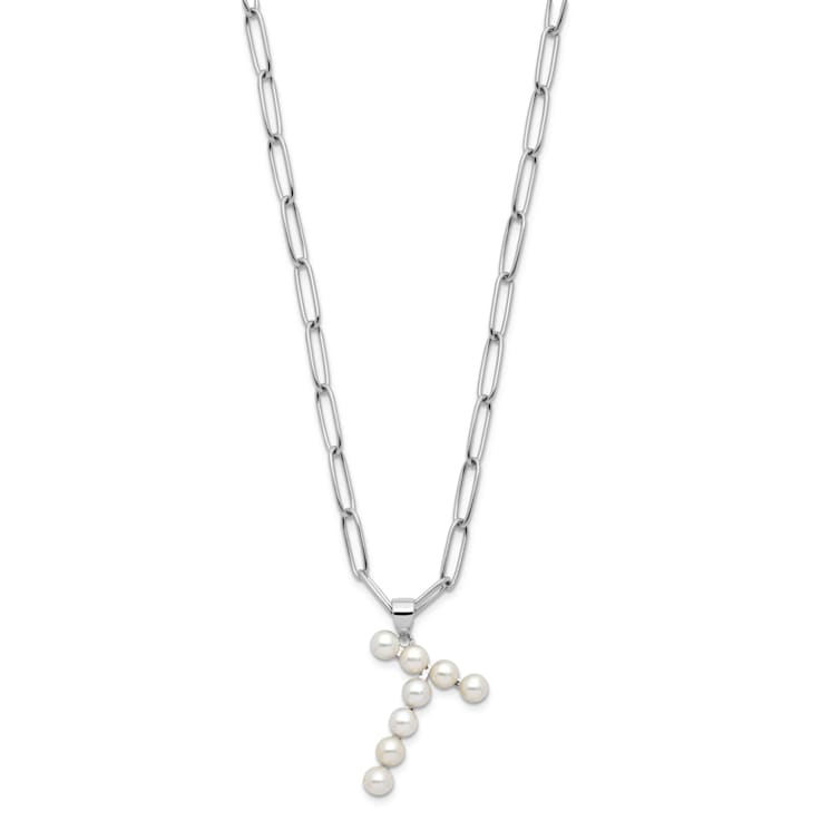 Rhodium Over Sterling Silver 3-5.5mm Freshwater Cultured Pearl LETTER T
18-inch Necklace