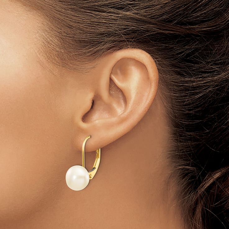 14K Yellow Gold 7-8mm White Button Freshwater Cultured Pearl Leverback Earrings