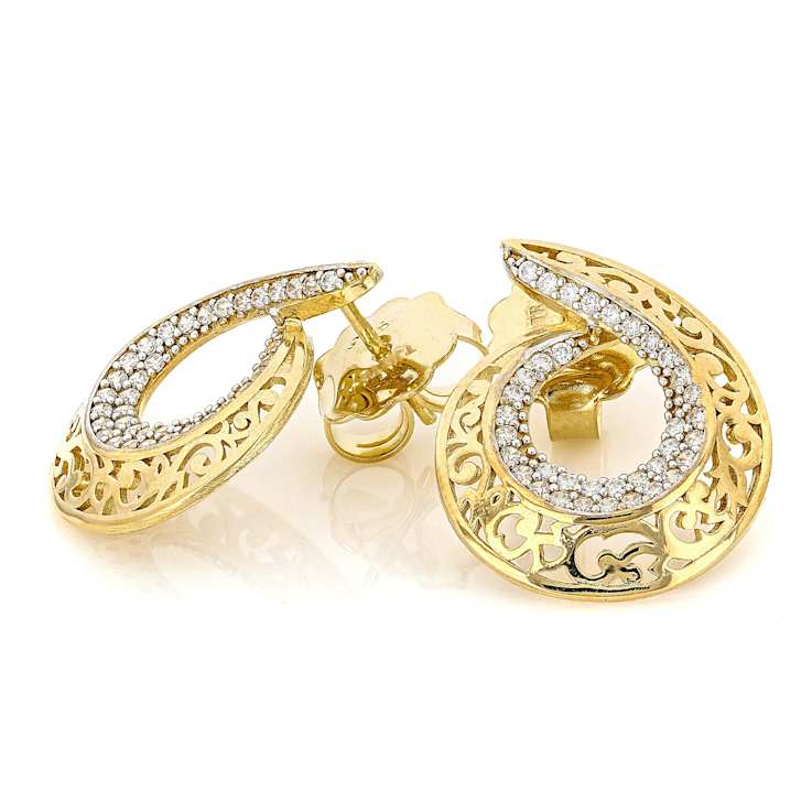 CZ Filigree Circle Drop Earrings In 18K Gold Over Sterling Silver 0.01ctw