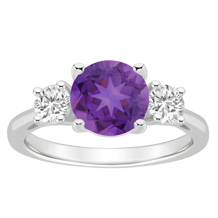 8mm Round Amethyst And White Topaz Rhodium Over Sterling Silver 3-Stone Ring