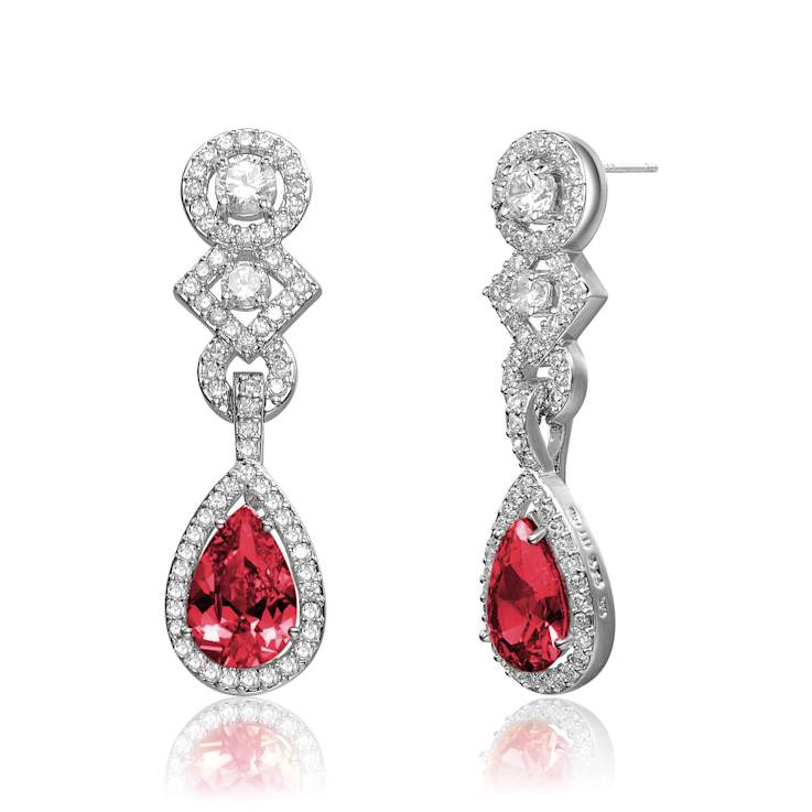Ruby Color CZ Teardrop Halo Drop Earrings In Sterling Silver