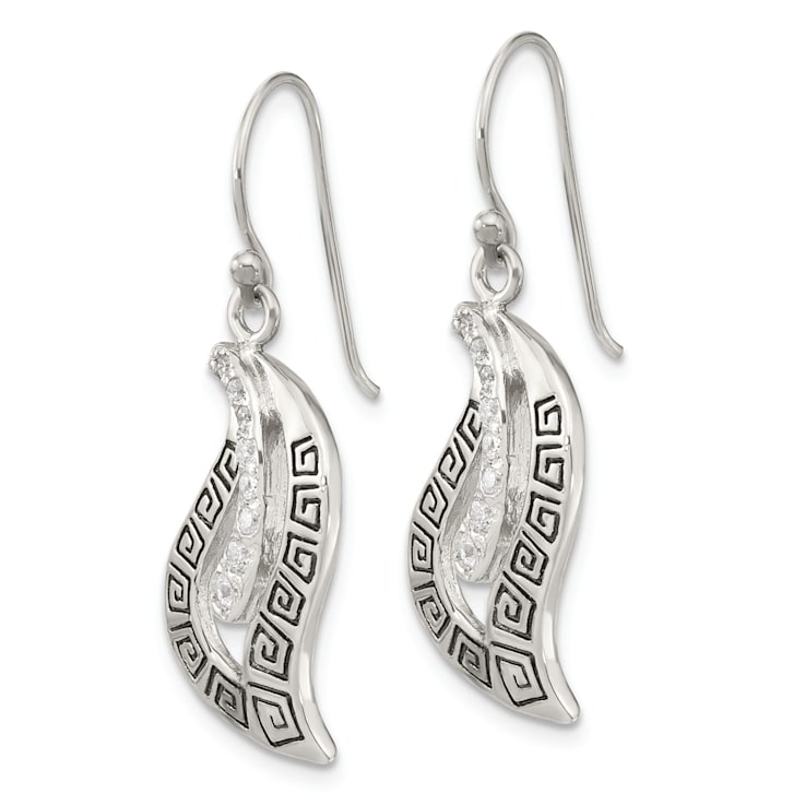 Sterling Silver Antiqued and Textured Cubic Zirconia Greek Key Leaf
Dangle Earrings