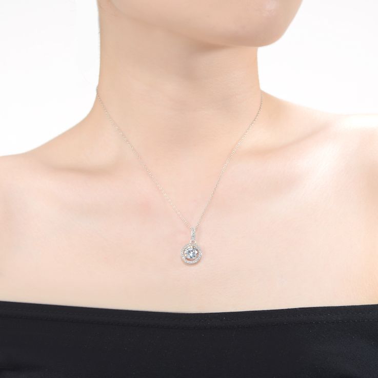 CZ Halo Pendant Necklace In White Rhodium Over Brass