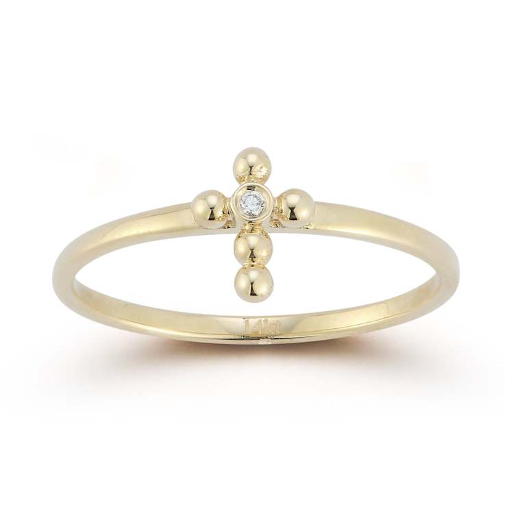 Bellissima Gold 14K Yellow Gold Diamond Beaded Cross Ring