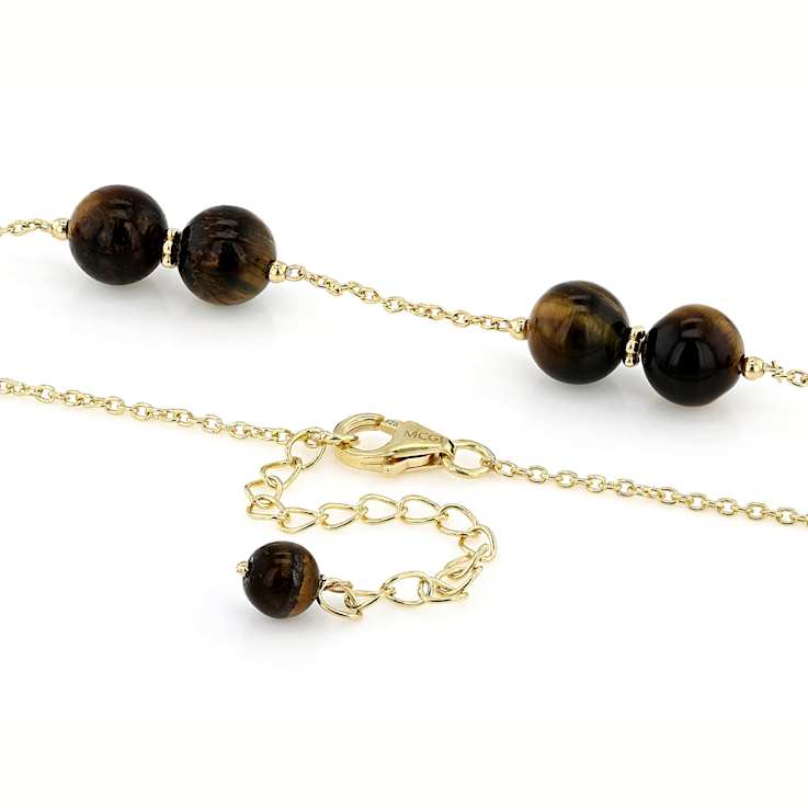 Tiger Eye Round Station Necklace In 18K Gold Over Sterling Silver 7.5-8.5mm