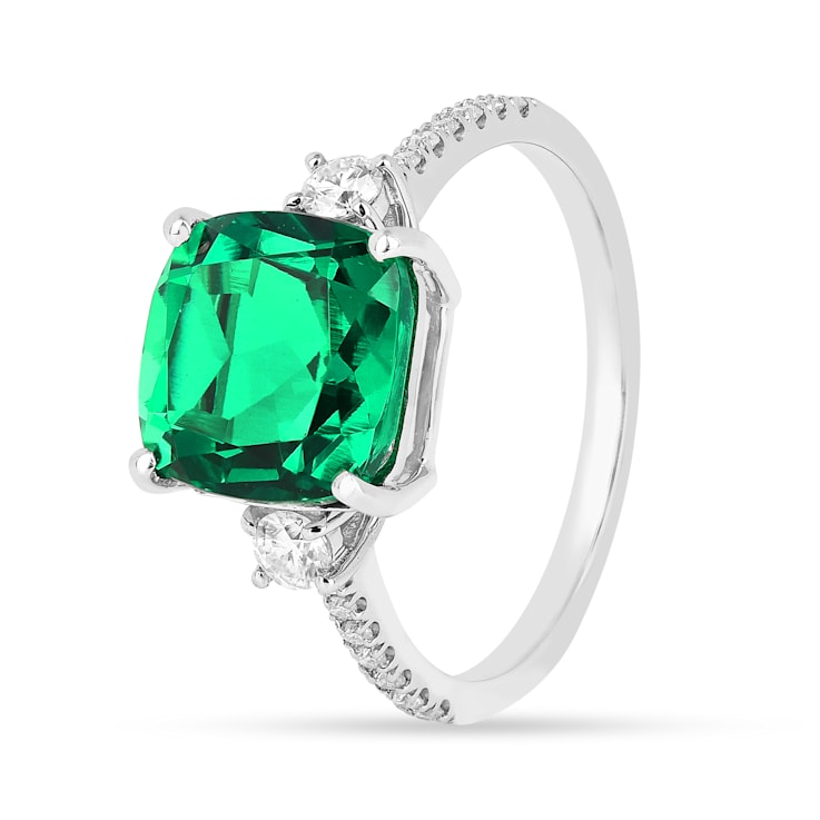Lab Created Emerald and Moissanite Rhodium Over Sterling Silver 3-Stone Ring