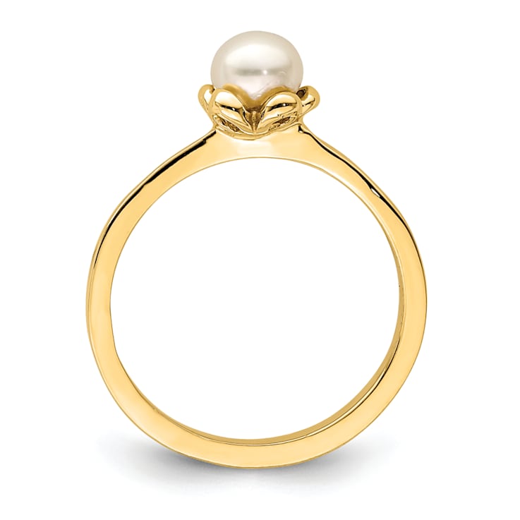 14K Yellow Gold 4-5mm White Button Freshwater Cultured Pearl Flower Ring