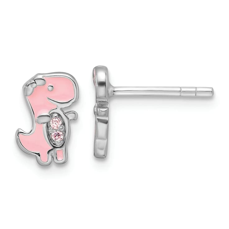 Rhodium Over Sterling Silver Pink Cubic Zirconia and Enamel Dinosaur
Children's Post Earrings