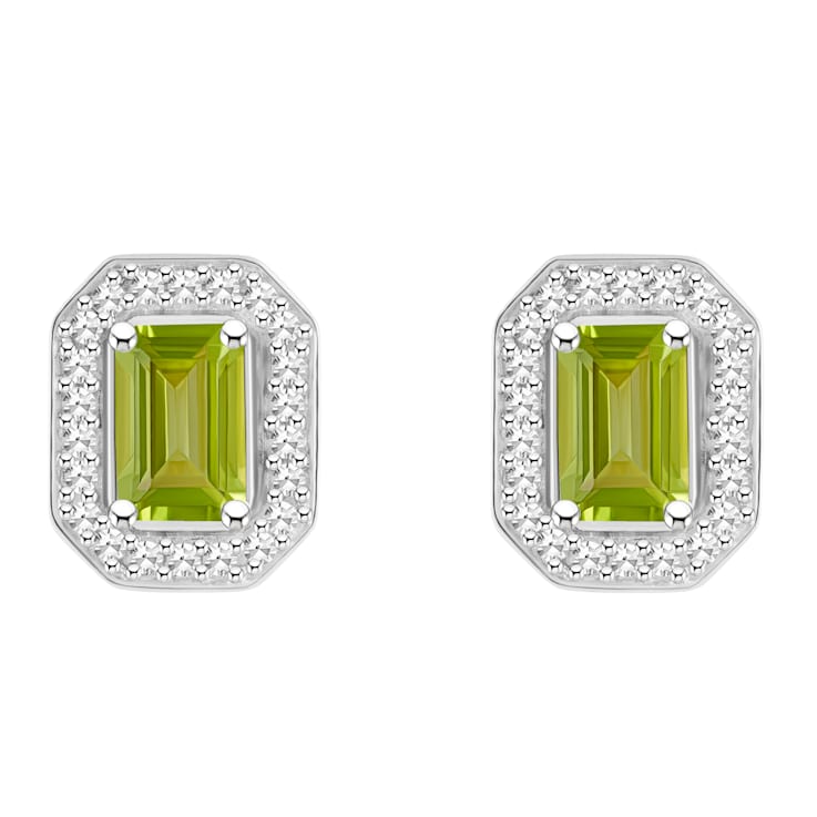 6x4mm Emerald Cut Peridot 1/5 ctw Diamond Rhodium Over Sterling Silver
Halo Stud Earrings