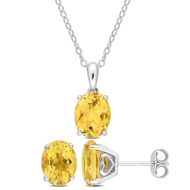 Oval Citrine Pendant And Earrings Set In Sterling Silver 4.95ctw