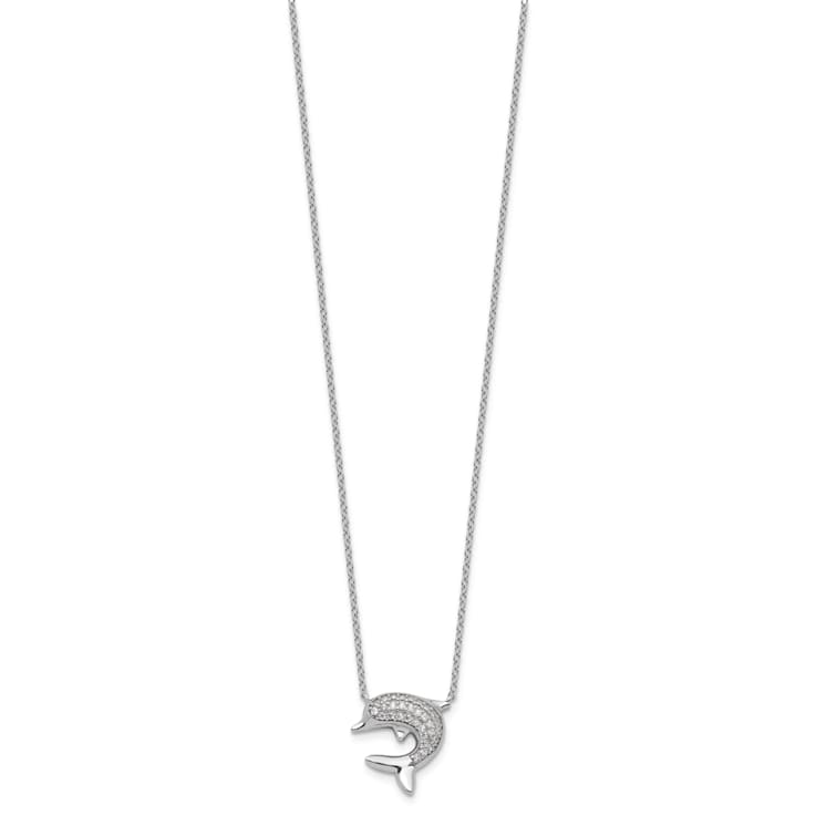 Rhodium Over Sterling Silver Polished Cubic Zirconia Dolphin 18 Inch
with 2" Extension Necklace