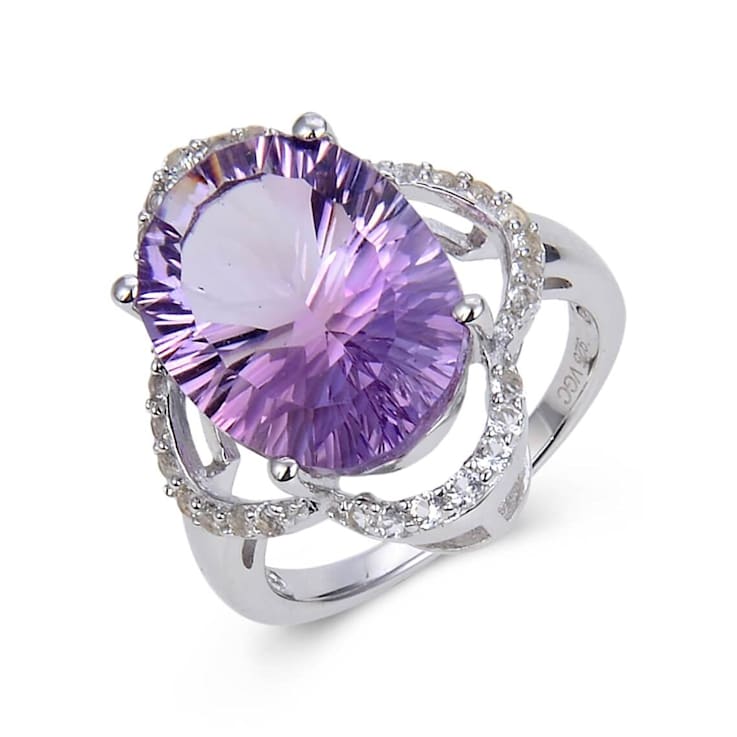 Concave Cut Oval Amethyst with White Topaz Accents Sterling Silver Ring, 8.26ctw