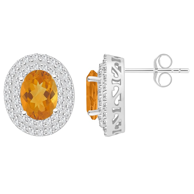 8x6mm Oval Citrine And White Topaz Accent Rhodium Over Sterling Silver
Double Halo Stud Earrings