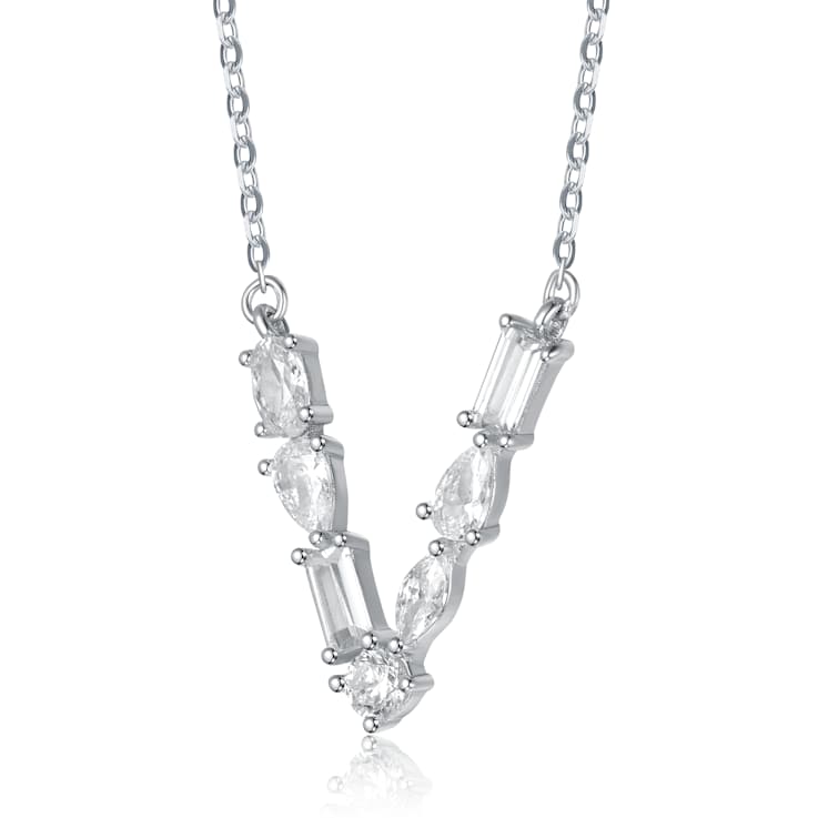Initial V Mixed Cut CZ Pendant Necklace In Sterling Silver 18 Inch