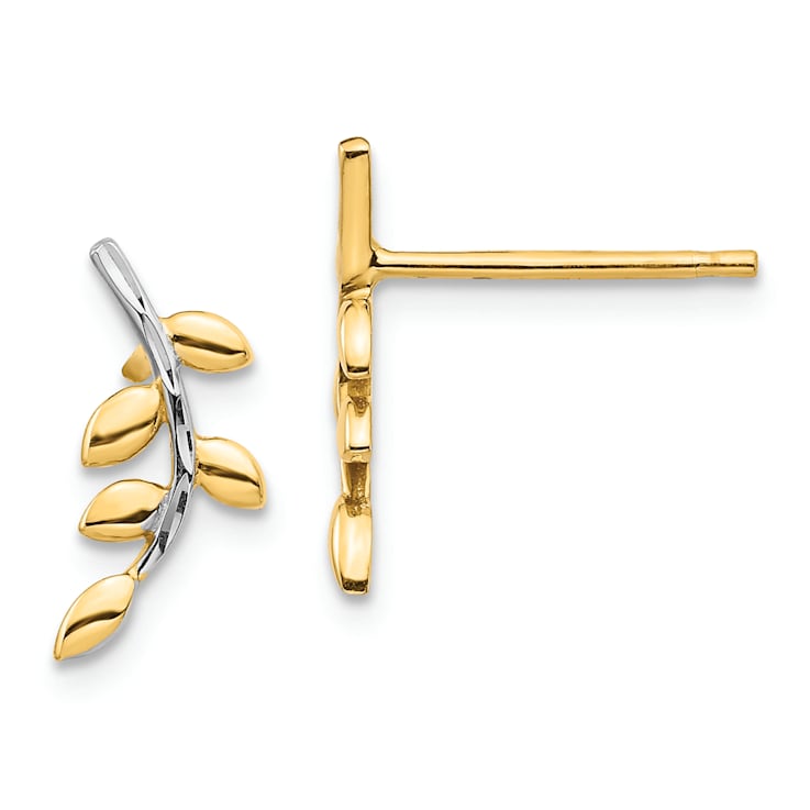 14K Yellow Gold With White Rhodium Leaf Post Earrings