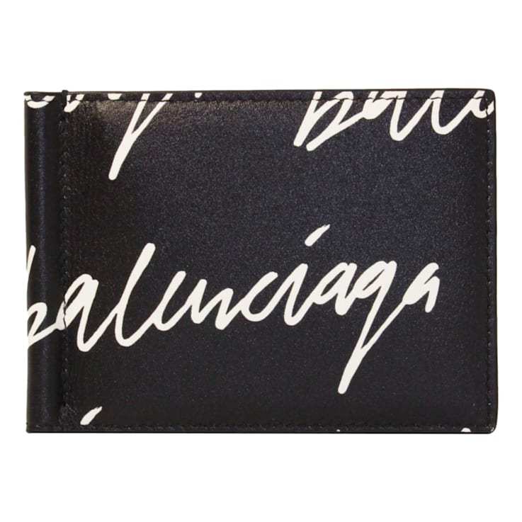 Balenciaga Cash Black Leather Scribble Logo Money Clip Wallet 1558MA
