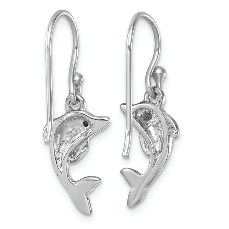 Rhodium Over Sterling Silver Polished Crystal Dolphin Dangle Earrings