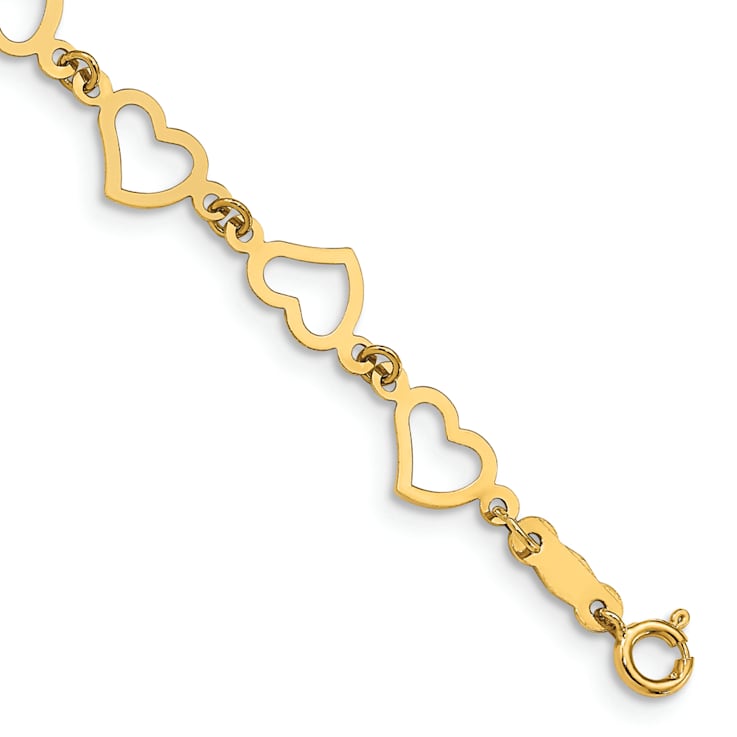 14k Yellow Gold Flat Open Hearts Link Bracelet