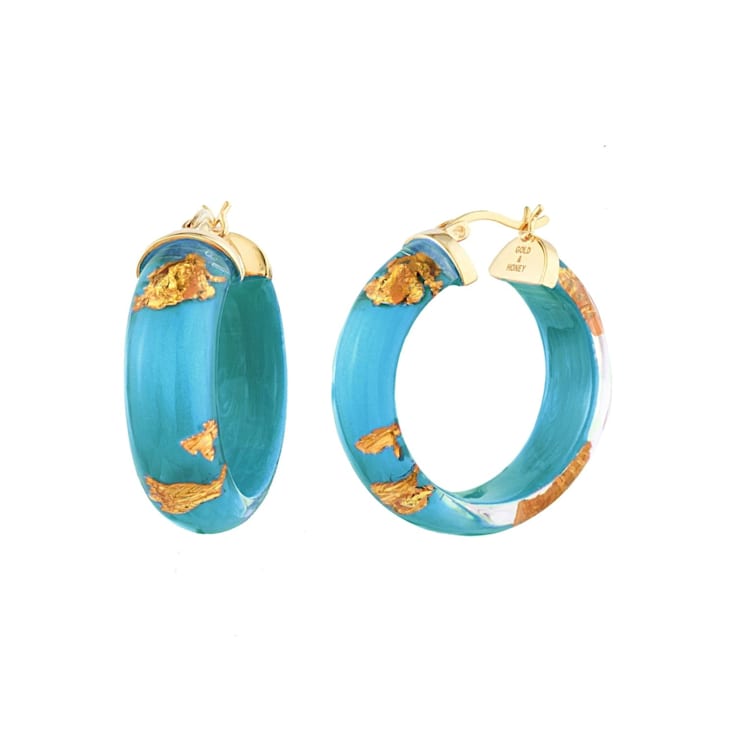 14K Yellow Gold Over Sterling Silver Mini Gold Leaf Acrylic Hoops in Teal