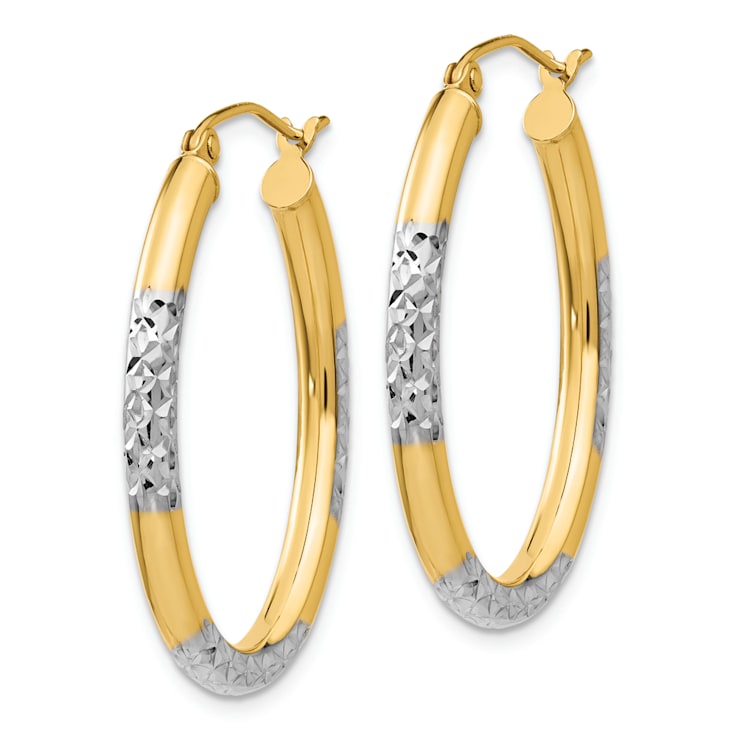 14k Yellow Gold and Rhodium Over 14k Yellow Gold Diamond-Cut 1 1/4"
Oval Hoop Earrings