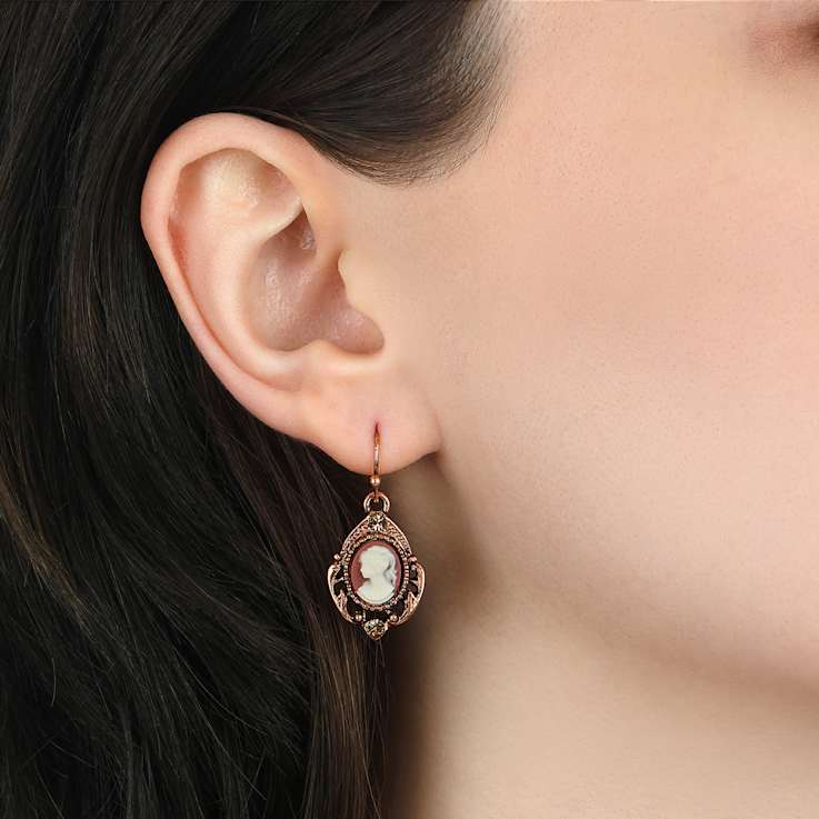 Copper Tone Carnelian Oval Cameo Topaz Crystal Earrings