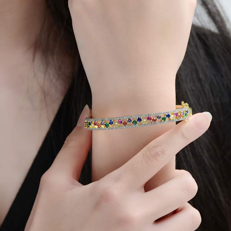 Multi-Color CZ Bangle Bracelet In 14K Gold Over Brass