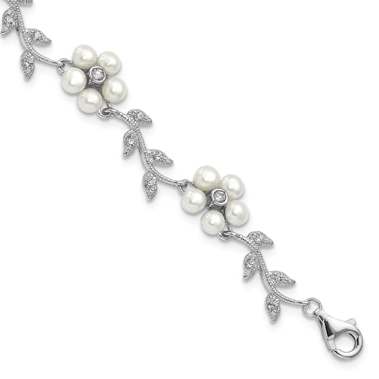 Rhodium Over Sterling Silver Freshwater Cultured Pearl and Cubic
Zirconia Floral Bracelet