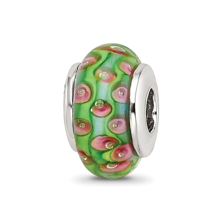 Sterling Silver Green Blue Hand-blown Glass Bead