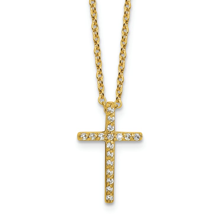 14K Yellow Gold Over Sterling Silver Polished Cubic Zirconia Latin Cross Necklace