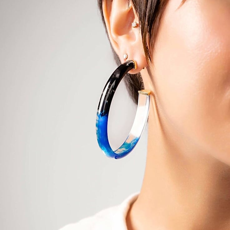14K Yellow Gold Over Sterling Silver XL Oval Tie Dye Acrylic Hoop
Earrings In Black and Blue