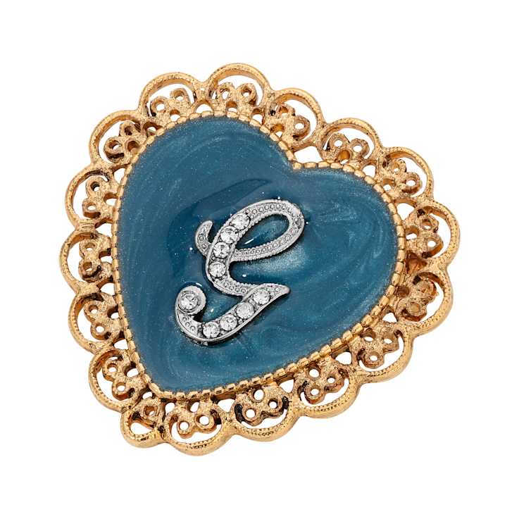 Gold Tone Filigree Heart Blue Enamel Initial Pin